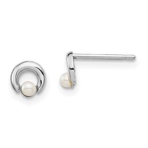 14k White Gold  Childrens Button Freshwater Cultured Pearl Circle Post Earrings
